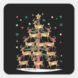 Sticker Carré Sapin de Noël Cerf Drôle de Vacances Mignon Renne 