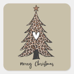 Sticker Carré Sapin de Noël Cœur Léopard Cadeau Vacances de Noël