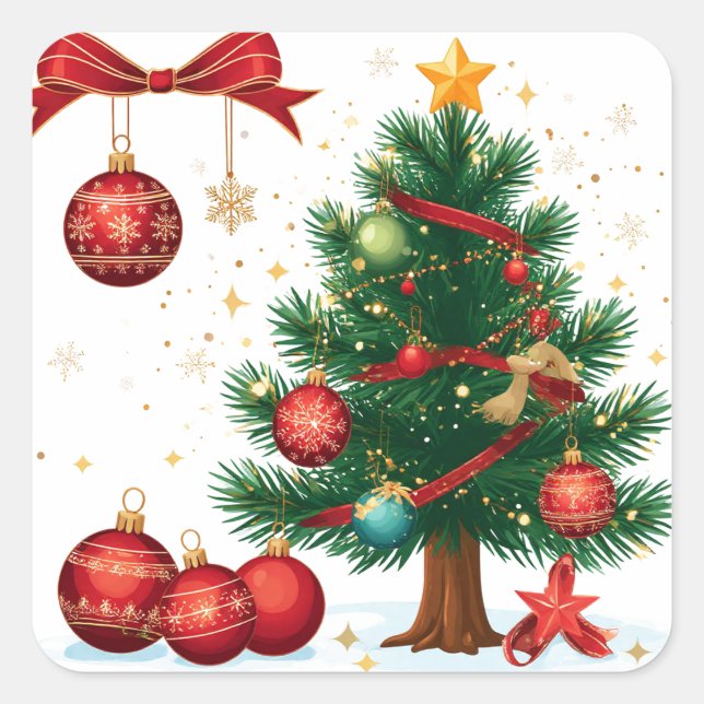 Sticker Carré Sapin de Noël Décoré d'Ornements Rouges (Devant)