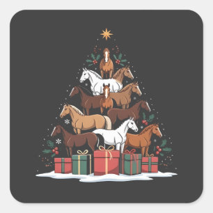 Sticker Carré Sapin de Noël en forme de cheval, Noël équin