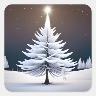 Sticker Carré Sapin de Noël givré avec lapin d'hiver