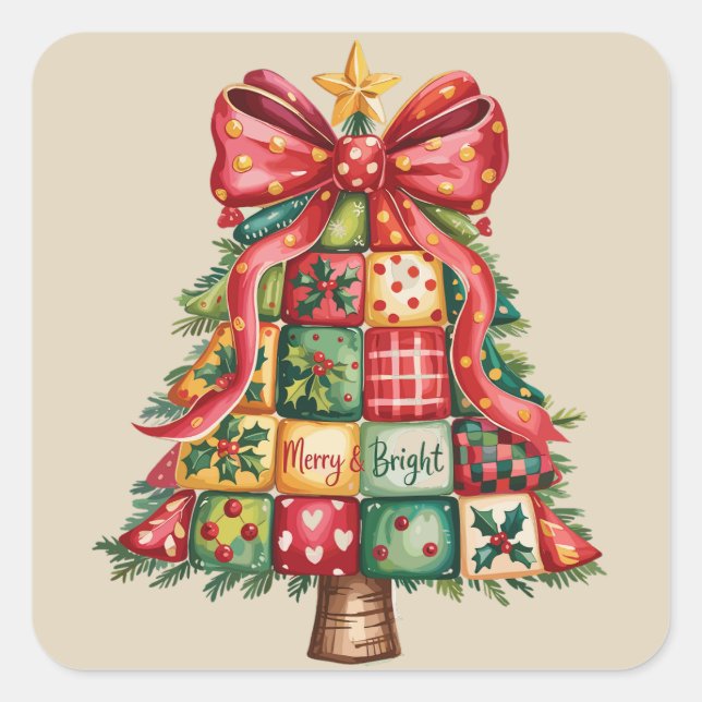 Sticker Carré Sapin de Noël Patchwork Coquette Noël  (Devant)