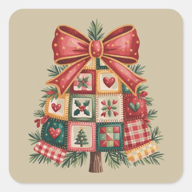 Sticker Carré Sapin de Noël Patchwork Coquette Noël Fêtes (Devant)