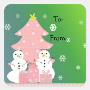 Sticker Carré Sapin de Noël rose et bonhommes de neige