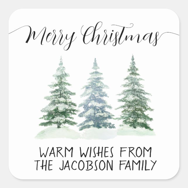 Sticker Carré Sapins à l'aquarelle Joyeux Noël (Devant)