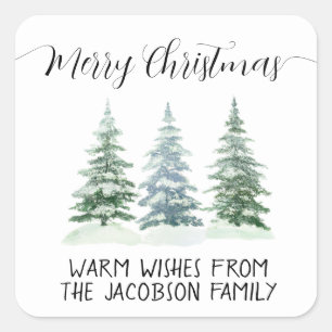 Sticker Carré Sapins à l'aquarelle Joyeux Noël