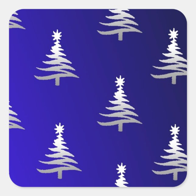 Sticker Carré Sapins de Noël Argent sur Bleu Cobalt (Devant)