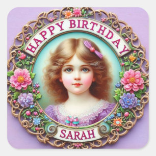 Sticker Carré SARAH ~ JOYEUX ANNIVERSAIRE ~ Vintage fille ~