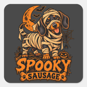 Sticker Carré Saucisson Effrayant Mummy Teckel Halloween Drôle D