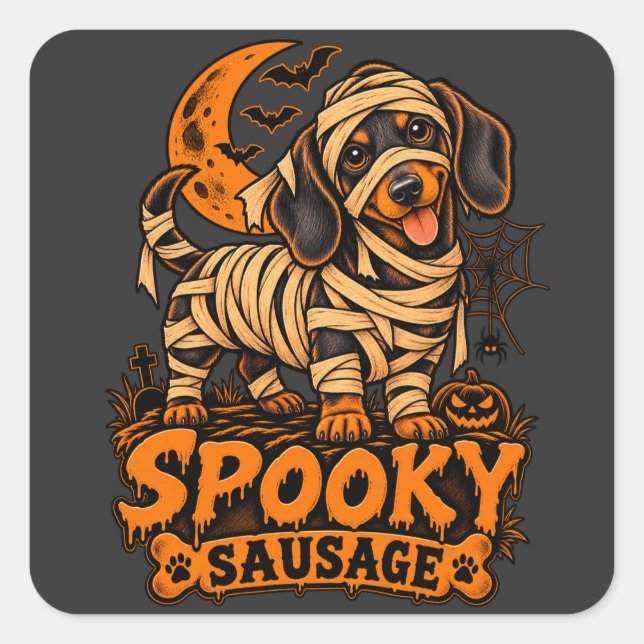 Sticker Carré Saucisson Effrayant Mummy Teckel Halloween Drôle D (Devant)