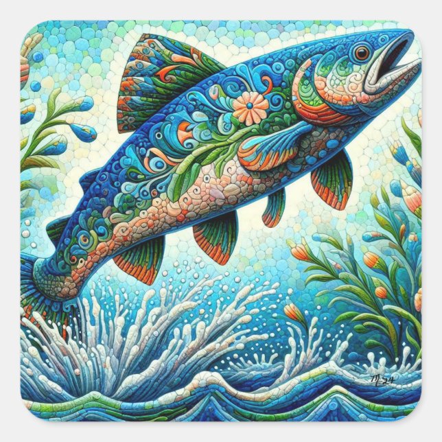 Sticker Carré Saumon Saut Mosaïque Floral Blue Green Peach (Devant)