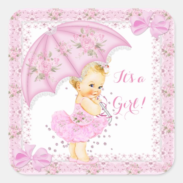 Sticker Carré Saupoudrer Baby shower fille Floral rose Blonde (Devant)