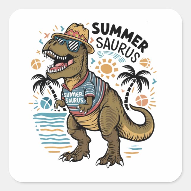 Sticker Carré Saurus Été T-Rex Svg, Dinosaure Svg, (Devant)