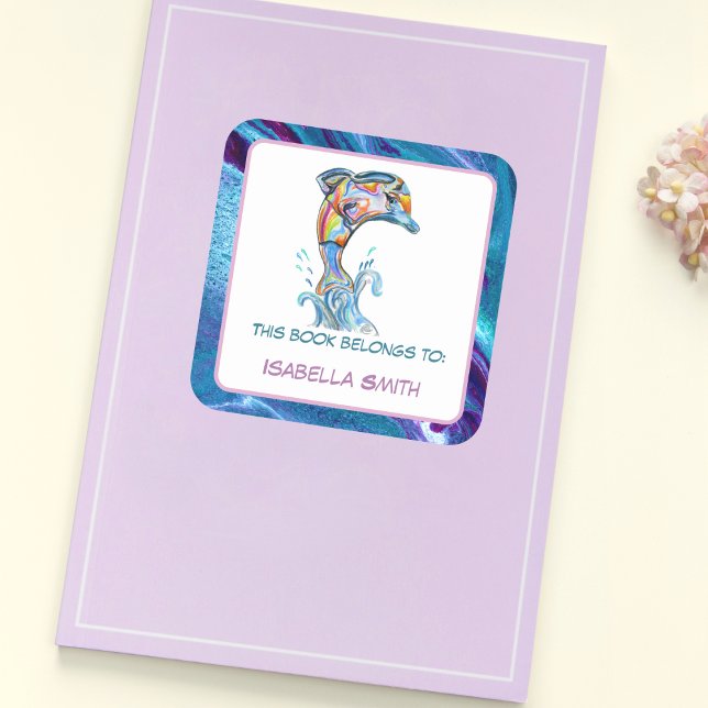 Sticker Carré Saut de dauphin au crayon couleur personnalisé (This colorful Dolphin illustration is a fun book sticker for your child!)