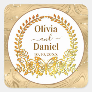 Sticker Carré Sauvegarder la Date, Papillon Doré et Fleur