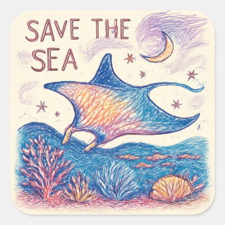 Sticker Carré Sauvez la mer - Océan d'art au crayon de couleur