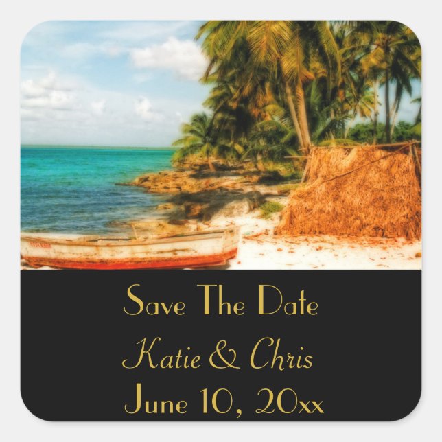 Sticker Carré Save the Date Dreamy Tropical Beach with Rowboat (Devant)