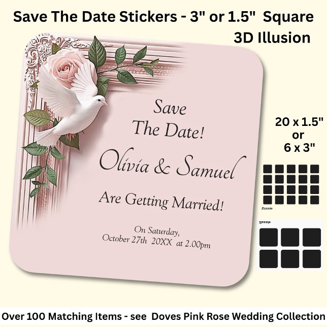 Sticker Carré Save The Date - Pink Roses & Doves Wedding (Créateur téléchargé)
