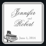 Sticker Carré Sceau de l'enveloppe de mariage de destination de<br><div class="desc">Ce faire-part de mariage moderne, appelé Las Vegas Destination Wedding, a un arrière - plan blanc éclatant. Il y a une double bordure en noir et en bas une illustration du panneau de bienvenue de Las Vegas. Cet ensemble contient des invitations, enregistrer les cartes de date, les cartes de réponse,...</div>