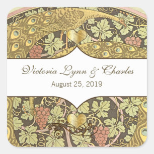Sticker Carré Sceau de mariage coeur de paons d'art nouveau
