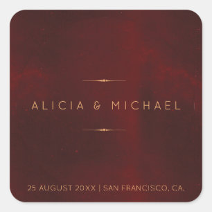 Sticker Carré Sceau de mariage doré en velours bordeaux de luxe 