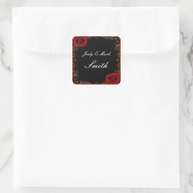 Sticker Carré Sceau de mariage élégant gothique roses rouges (Sac)