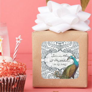 Sticker Carré Sceau de mariage Oiseau de l'Amour Lapis Bleu Paon