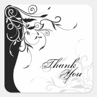 Sticker Carré Sceau de Merci - Mariage floral noir et blanc