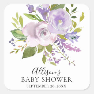 Sticker Carré Sceau d'enveloppe de Baby shower floral lavande