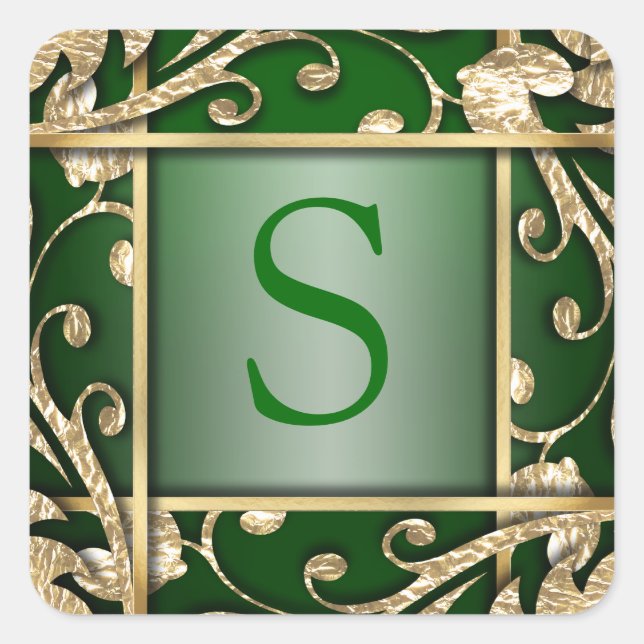 Sticker Carré Sceau d'enveloppe de monogramme en treillis vert o (Devant)
