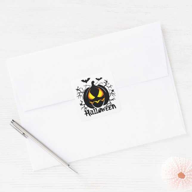 Sticker Carré Sceau d'enveloppe Jack-O-Lantern et chauves-souris (Enveloppe)