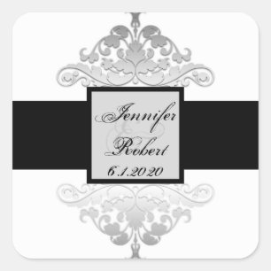 Sticker Carré Sceau d'enveloppe Mariage damassé en argent noir b
