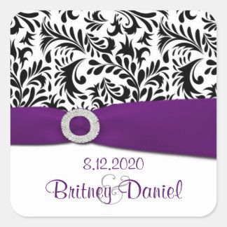 Sticker Carré Sceau d'enveloppe Mariage damassé noir violet et b