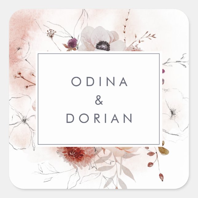 Sticker Carré Sceau d'enveloppe Mariage floral simple (Devant)