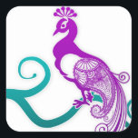 Sticker Carré Sceau d'enveloppe Mariage Paisley Purple Peacock<br><div class="desc">Un beau paon en cachemire violet est décoré sur une branche turquoise tourbillonnant.</div>