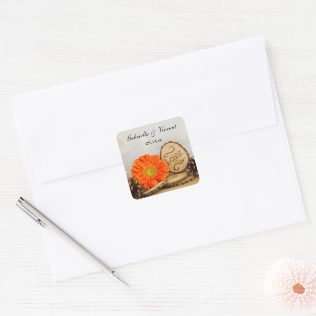 Sticker Carré Sceau d'enveloppe Mariage Rustique Orange Daisy Wo (Enveloppe)