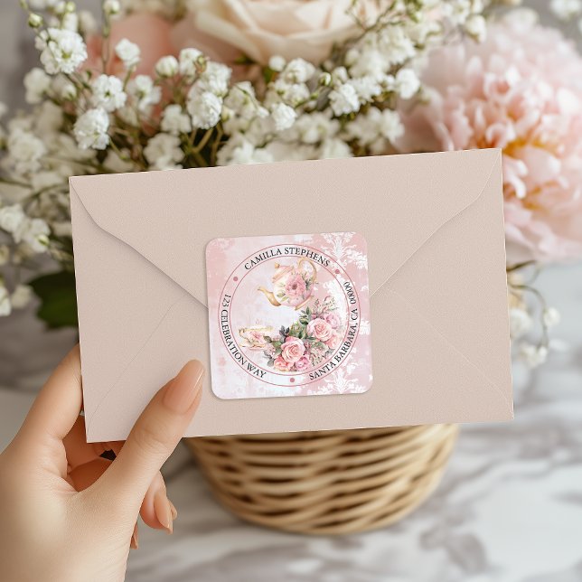 Sticker Carré Sceau d'enveloppe rose floral haute adresse de ret (Elegant Pink Roses Floral High Tea Teapot and Teacup Girl Baby Shower Return Address Envelope Seals)