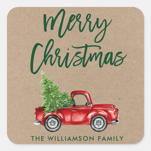 Sticker Carré Sceau Kraft Brosse Script Camion Enveloppe de Noël (Devant)