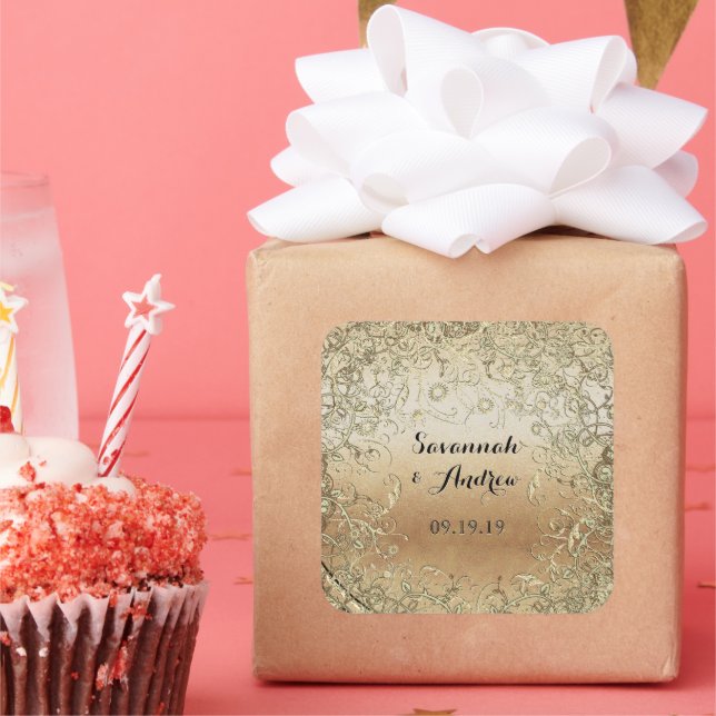 Sticker Carré Sceau Mariage noir et or en forme de coeur (Fête)