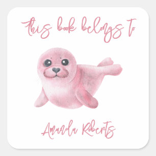 Sticker Carré Sceau rose - ce livre appartient à