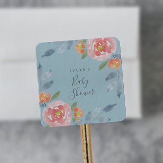Sticker Carré Sceaux d'enveloppe pour Baby Shower Fleurs de prem