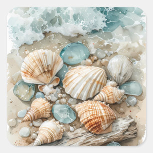 Sticker Carré Scène de coquillages de mer côtiers à l'aquarelle 