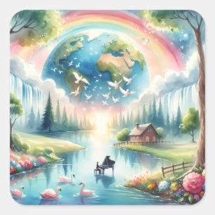 Sticker Carré Scène de fantaisie terre arc-en-ciel fantaisiste