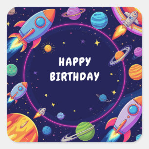 Sticker Carré 🌟 Scène de l'espace dessin animé avec fusées et p