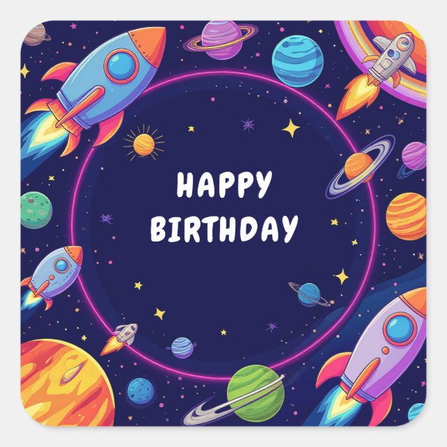 Sticker Carré 🌟 Scène de l'espace dessin animé avec fusées et p (Devant)