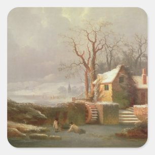 Sticker Carré Scène de neige avec le moulin et les cottages