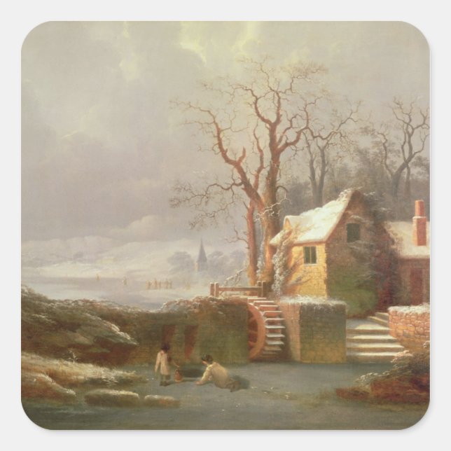 Sticker Carré Scène de neige avec moulin et chalets (Devant)