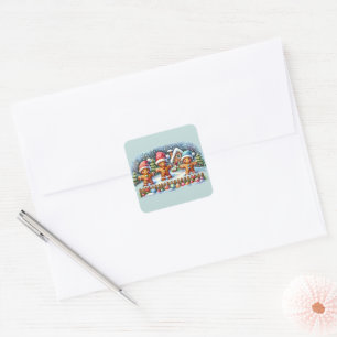 Sticker Carré Scène de Noël enneigée avec une famille en pain d'