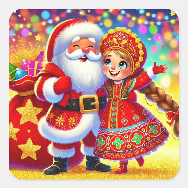 Sticker Carré Scène de Noël joyeuse avec le Père Noël (Devant)
