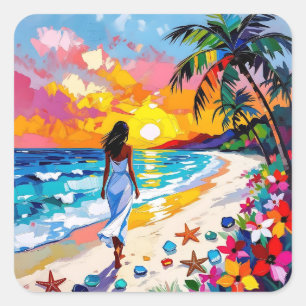 Sticker Carré Scène de plage abstraite au coucher du soleil vibr